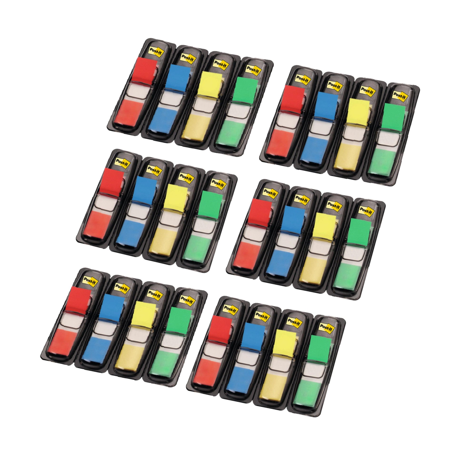 Sechs Packungen 3M Post-it® Index Mini Haftstreifen, jeweils mit 4 Spendern plus 2 gratis (insgesamt 6), farblich sortiert (11,9 mm x 43,2 mm, 35 Streifen/Spender), angeordnet in drei Zweierreihen auf weißem Hintergrund.