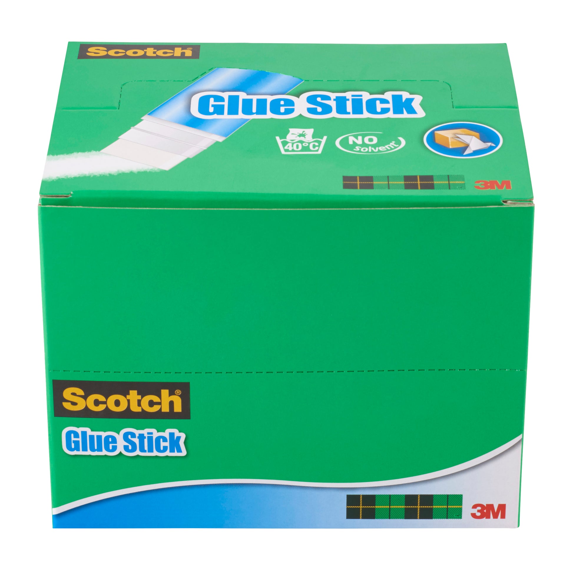 Eine ungeöffnete grüne Schachtel Scotch® Permanent-Klebestift, 21 g (1 Stück) der 3M Deutschland GmbH, mit Branding, Logos und Symbolen für lösungsmittelfreie Anwendung und Eignung unter 40°C; aus schräger Perspektive betrachtet.