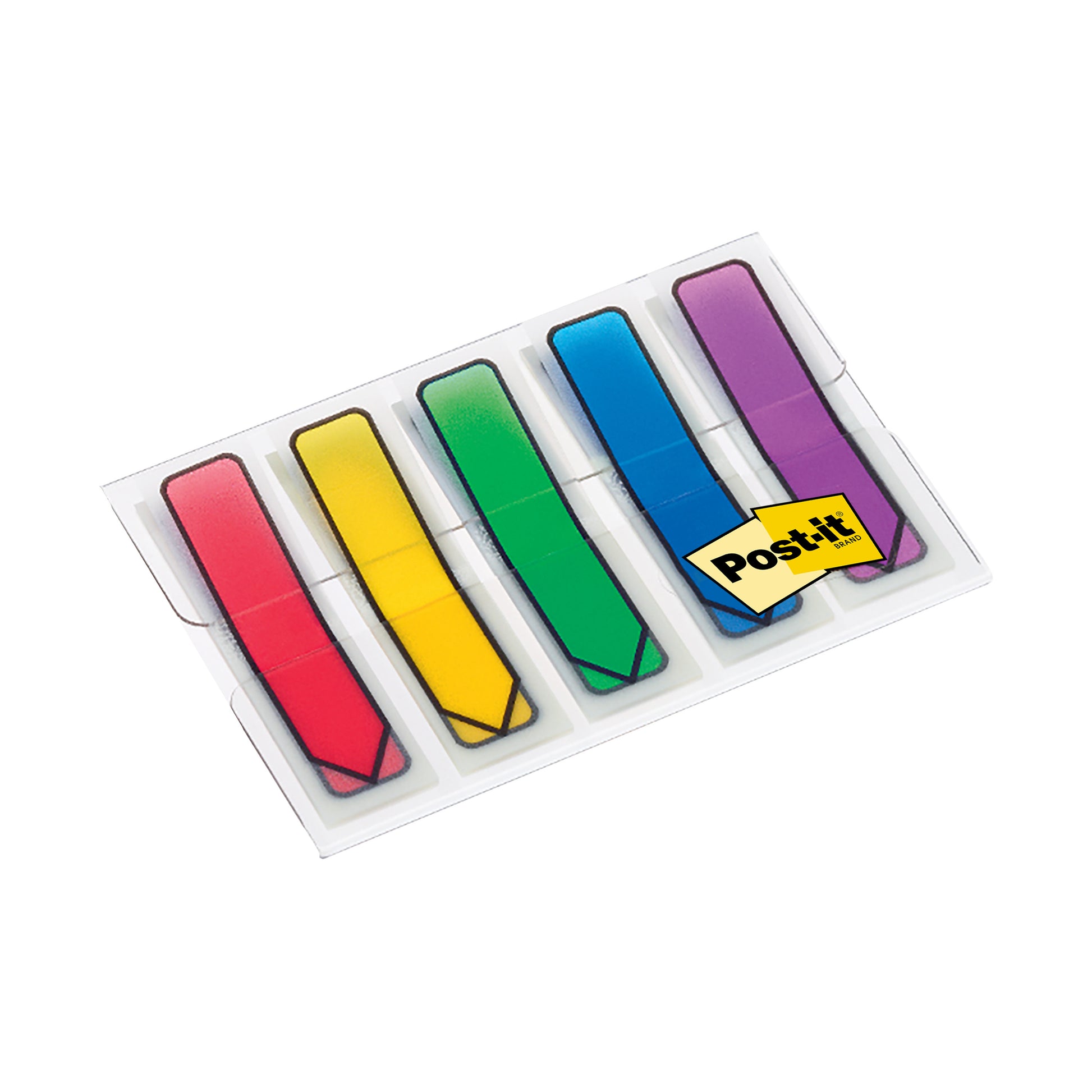 Eine Packung mit 24 Post-it® Index Pfeilen (11,9 mm x 43,2 mm) von 3M Deutschland GmbH kommt in einem durchsichtigen Spender mit farbigen Pfeilfähnchen und einem Post-it Etikett auf der rechten Seite.