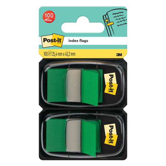 Eine Packung Post-it® Index Haftstreifen der 3M Deutschland GmbH enthält 100 grüne Fähnchen (25,4 mm x 43,2 mm) in zwei Spendern, mit Produktbeschriftung und Abbildungen auf der Verpackung.