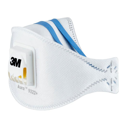 The 3M™ Aura™ Comfort Cool Flow™ Particulate Respirator 9322+, FFP2, from 3M Deutschland GmbH is a white disposable respirator mask with a blue strap and an exhalation valve on the front, shown against a plain background.