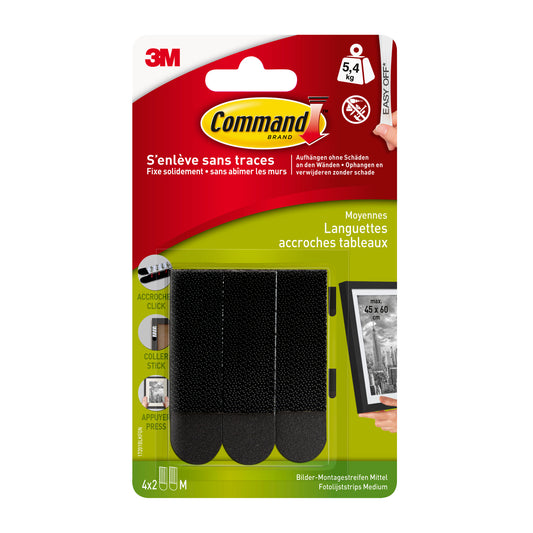 Eine Packung mittelgroße schwarze Command™ Bilder-Montage Strips M 17201BLK (1 Stück) von 3M Deutschland GmbH, mit vier schwarzen Streifenpaaren und Produktinformationen in Französisch und Deutsch auf rotem, gelbem und grünem Hintergrund.