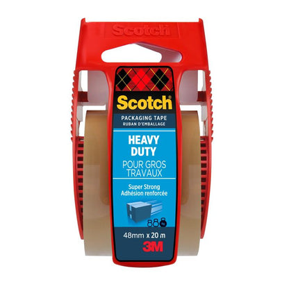 A roll of Scotch® extra strong packaging tape, brown, 48 mm x 20.3 m from 3M Deutschland GmbH comes on a red hand dispenser, with reinforced adhesion and bilingual English/French labeling.