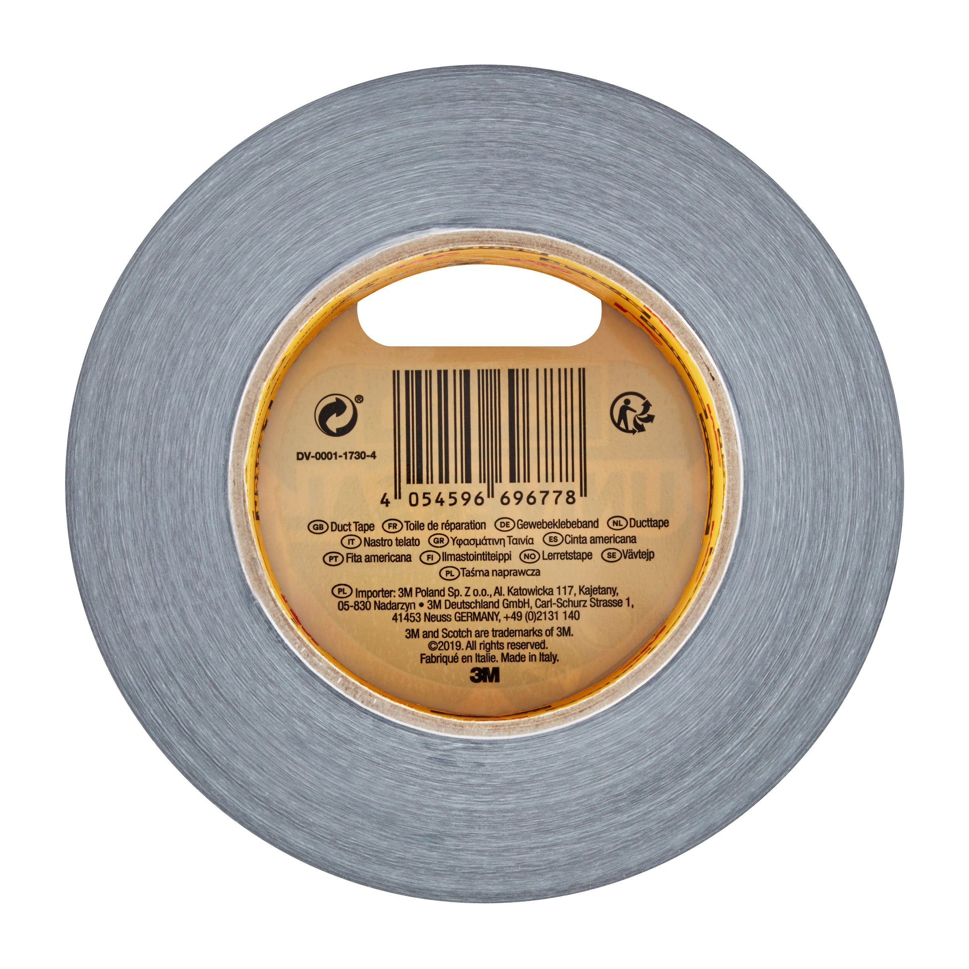 Eine Rolle Scotch® Universal Klebeband 2904 (50 m x 48 mm) der 3M Deutschland GmbH, von oben gesehen, hebt sich durch ihre graue Farbe und ein zentrales Etikett mit Barcode und Produktangaben in mehreren Sprachen hervor.