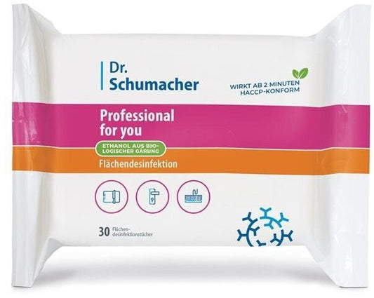 Dr. Schumacher GmbH PROFESSIONAL@home Flächendesinfektionstücher (30 Tücher) in einer weißen Packung mit rosa und orangefarbenen Akzenten, mit Piktogrammen für Keime und Bakterien-ideal für die professionelle Desinfektion zuhause.