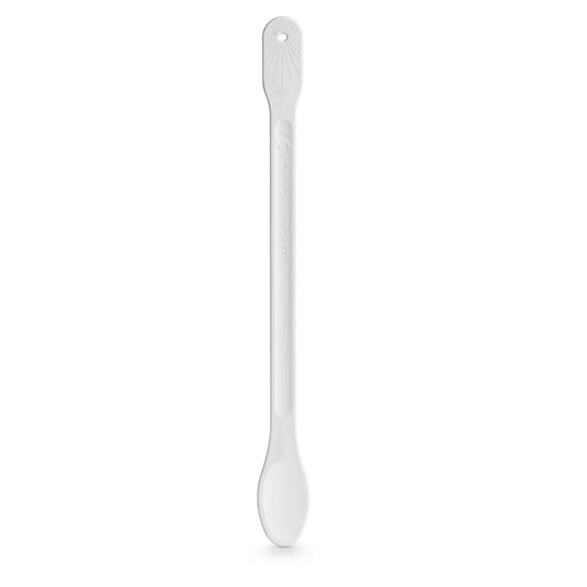 Der Dr. Schumacher Rührlöffel (1 Stück) der Dr. Schumacher GmbH ist ein langes, schlankes, weißes Küchenutensil aus Kunststoff mit einem kleinen Loch in der Nähe des oberen Endes und einer abgerundeten Löffelschale, abgebildet auf einem schlichten weißen Hintergrund.