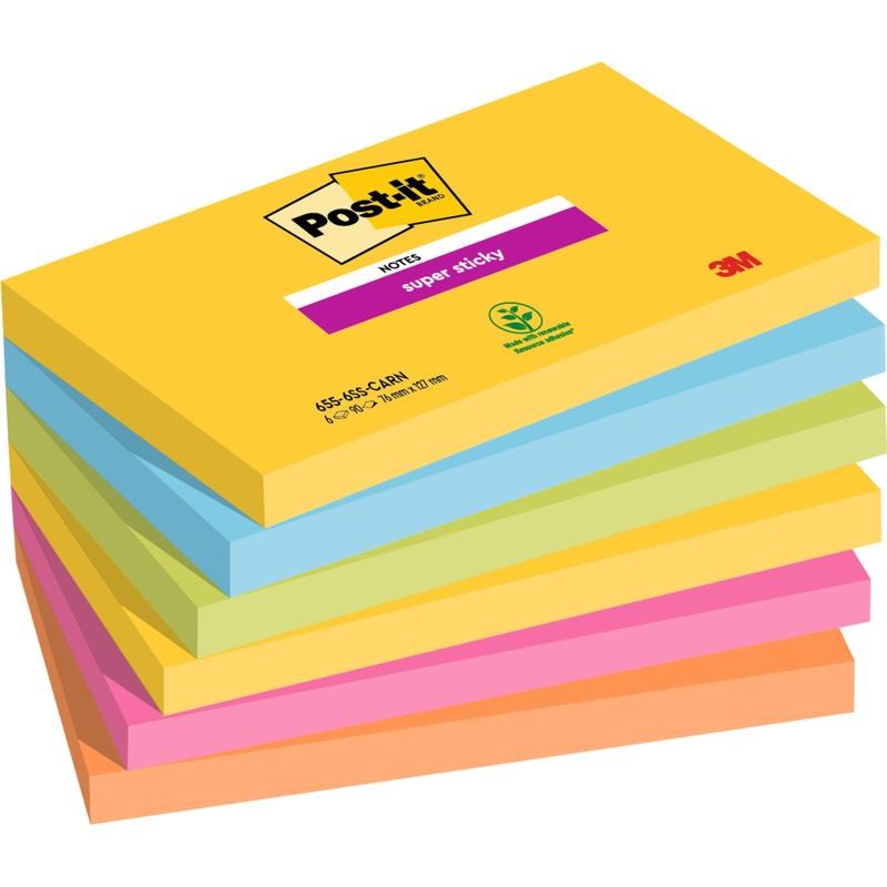 A stack of six 3M Post-it® Super Sticky Notes (76 mm x 127 mm, 90 sheets/block, 100% PEFC) in yellow, green, blue, purple, pink, and orange colors; the yellow cover sheet displays the logo and product details.