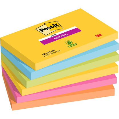 A stack of six 3M Post-it® Super Sticky Notes (76 mm x 127 mm, 90 sheets/block, 100% PEFC) in yellow, green, blue, purple, pink, and orange colors; the yellow cover sheet displays the logo and product details.
