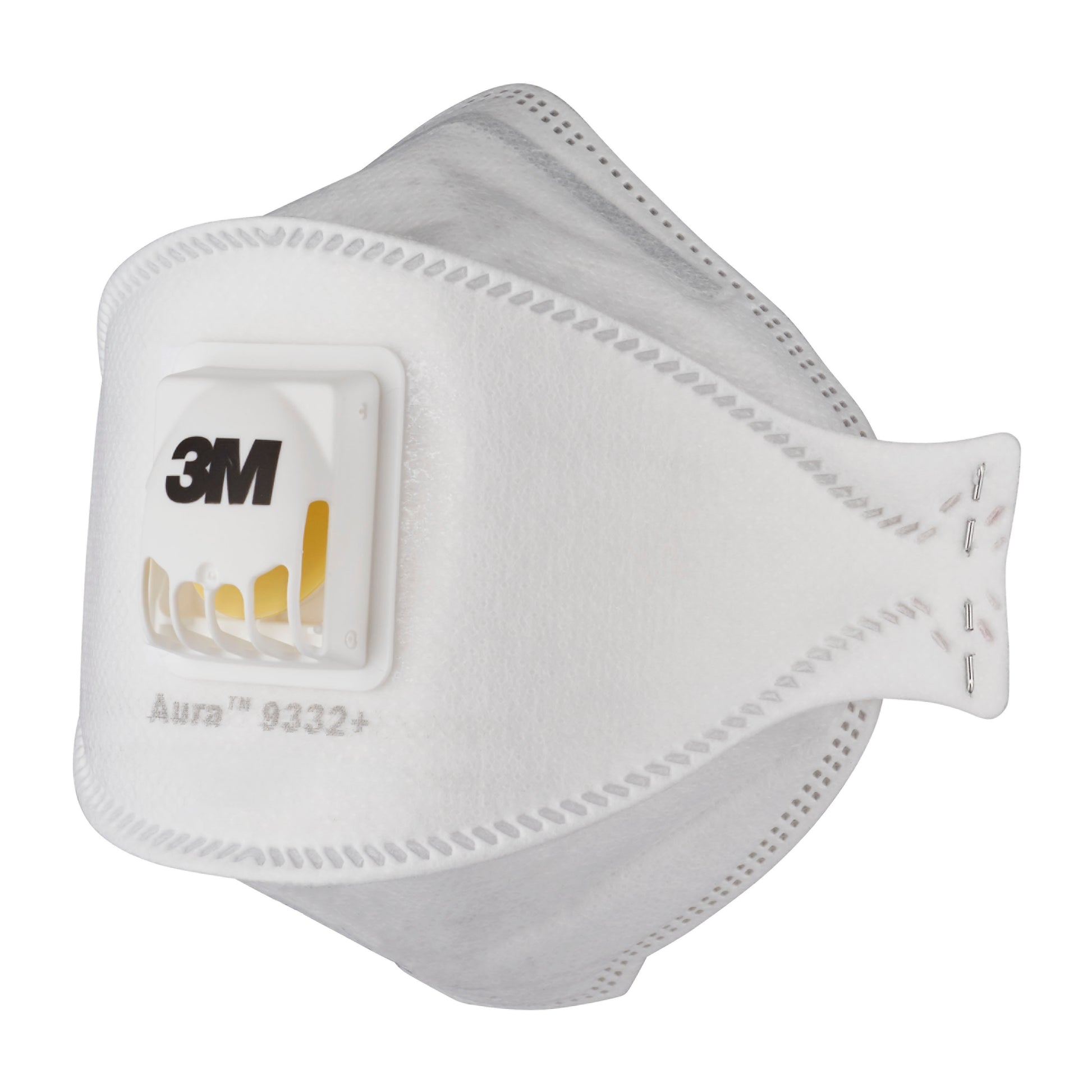 Die 3M™ Aura™ Comfort Cool Flow™ Partikelmaske 9332+, FFP3, mit Ventil von 3M Deutschland GmbH ist weiß mit einem gelben Ventil, verfügt über eine mehrschichtige Konstruktion und sichtbare Nähte und ist so konzipiert, dass sie sicher über Nase und Mund passt.