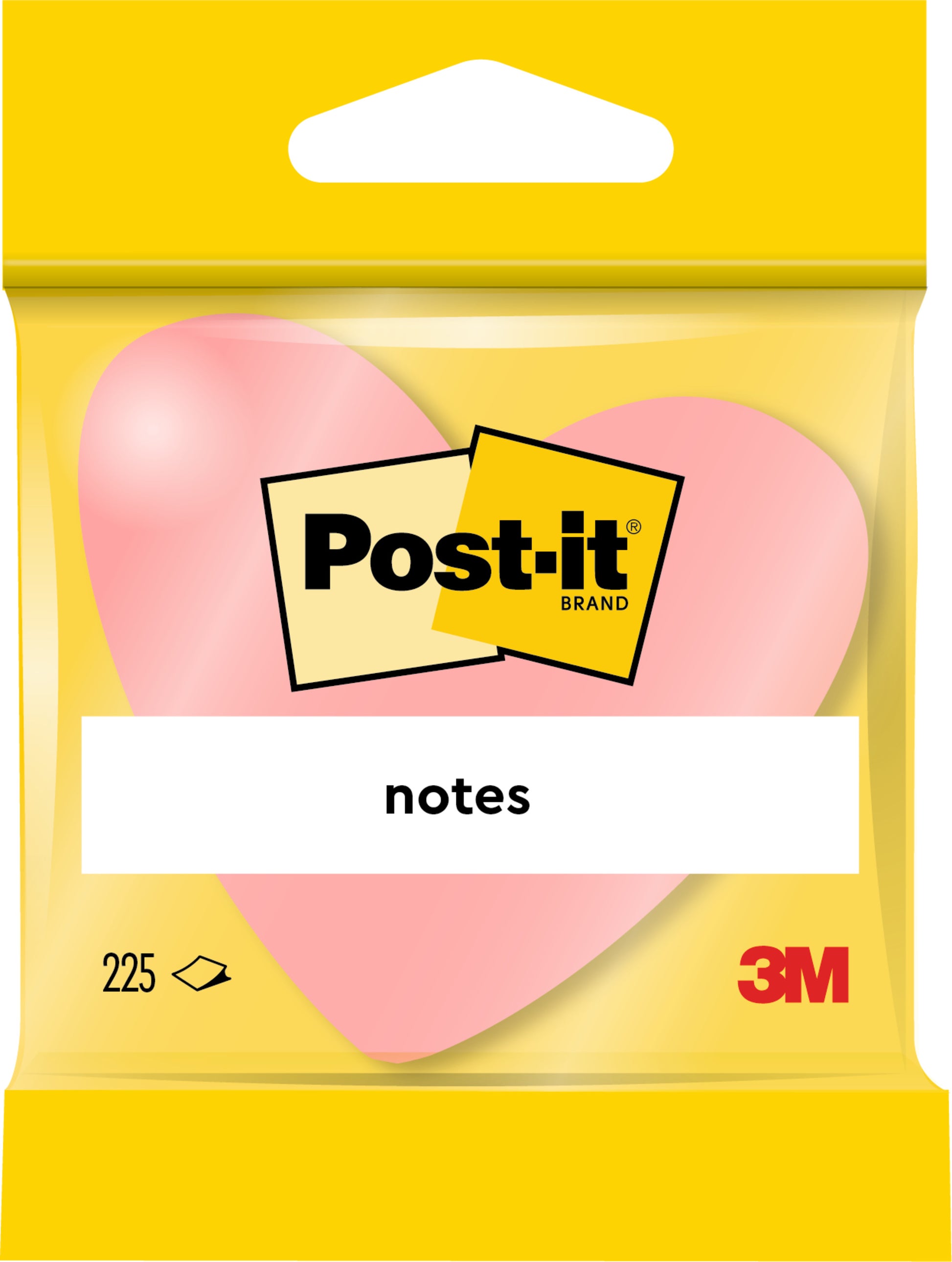 Eine Packung 3M Post-it® Notes enthält herzförmige, rosafarbene Haftnotizen (70x70mm, 225 Blatt) in einer gelben Verpackung mit dem Post-it-Logo. 100% PEFC-zertifiziert, 1 Block pro Packung.