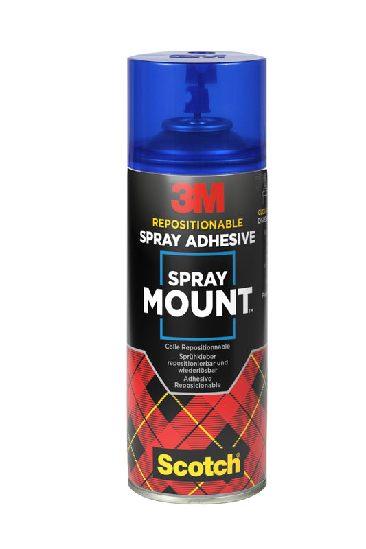Eine 400-ml-Dose 3M™ Scotch® SprayMount™ Klebespray der 3M Deutschland GmbH mit blauem Verschluss und kariertem Etikett mit der Aufschrift "Spray Mount" und "Scotch".