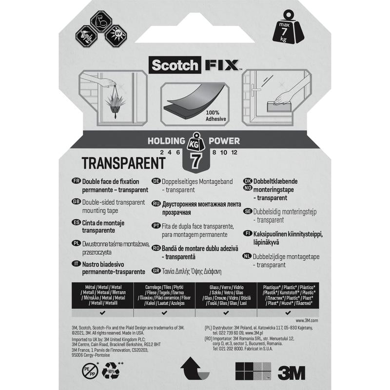 The Scotch-FIX™ Transparent Double-Sided Mounting Tape 4910C from 3M Deutschland GmbH features a label with up to 7 kg holding power, multilingual instructions, product images, and the 3M logo at the bottom edge.
