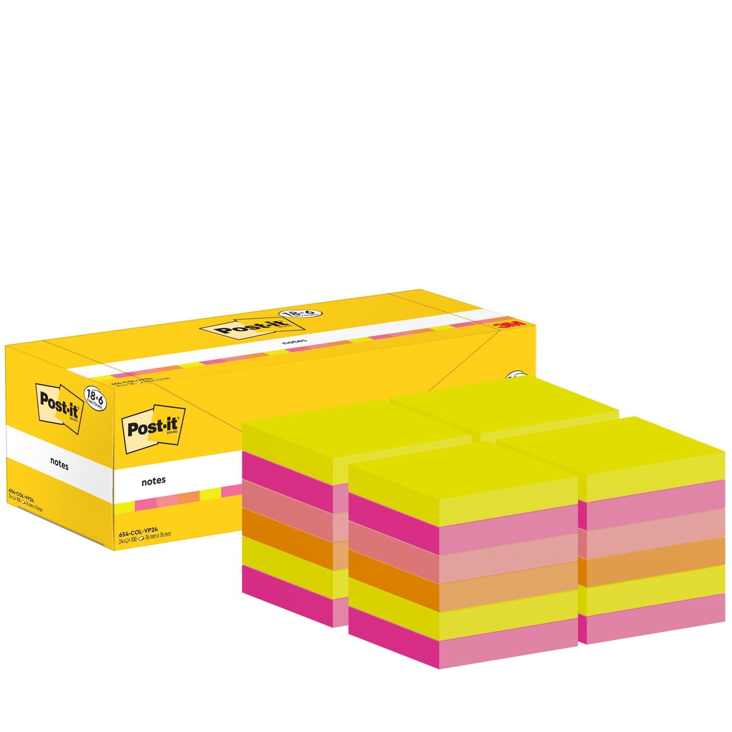 Pictured is a yellow box of Post-it® Notes from 3M Deutschland GmbH (76 mm x 76 mm, 100 sheets/block, 100% PEFC) with six stacks of square sticky notes in the colors yellow, orange, and pink, alternating on top of each other.