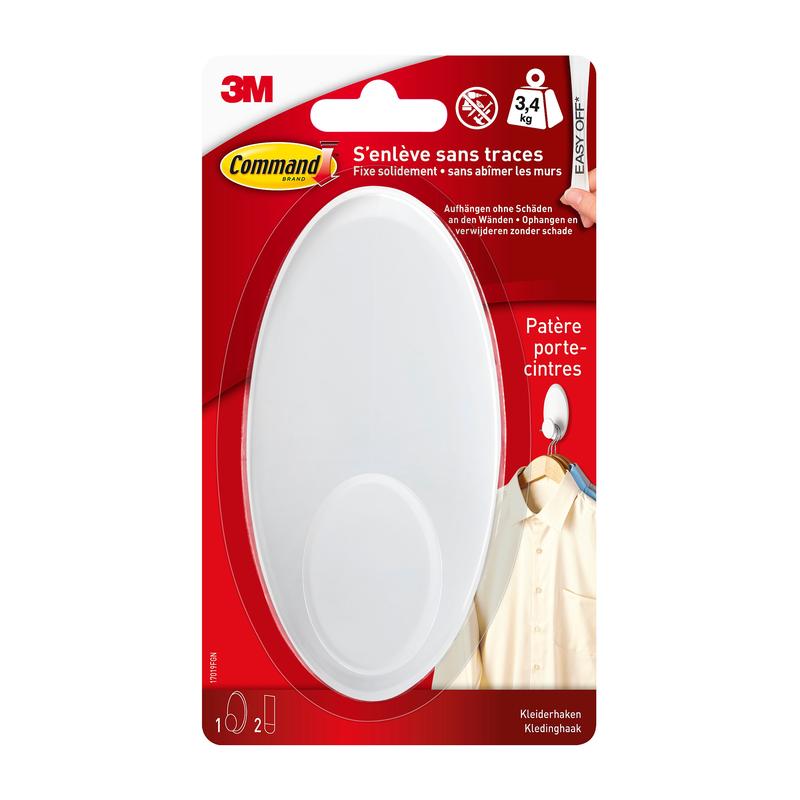 The 3M Command™ Clothes Hook, 17019-FGN from 3M Deutschland GmbH holds up to 3.4 kg, can be mounted without drilling, and comes in a red and white package with German-French text and the image of a coat on the plastic hook.