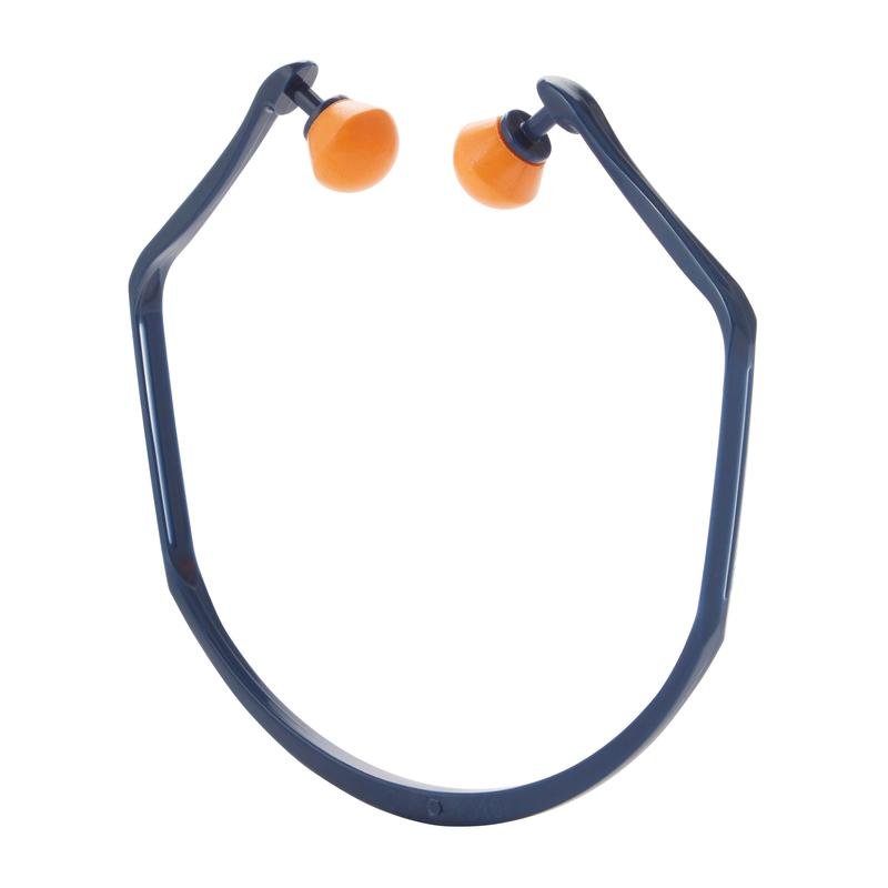The 3M™ Banded Earplugs 1310 from 3M Deutschland GmbH have orange plugs on a dark blue neckband, include 2 additional pairs, and offer an SNR value of 24-25 dB for reliable hearing protection.