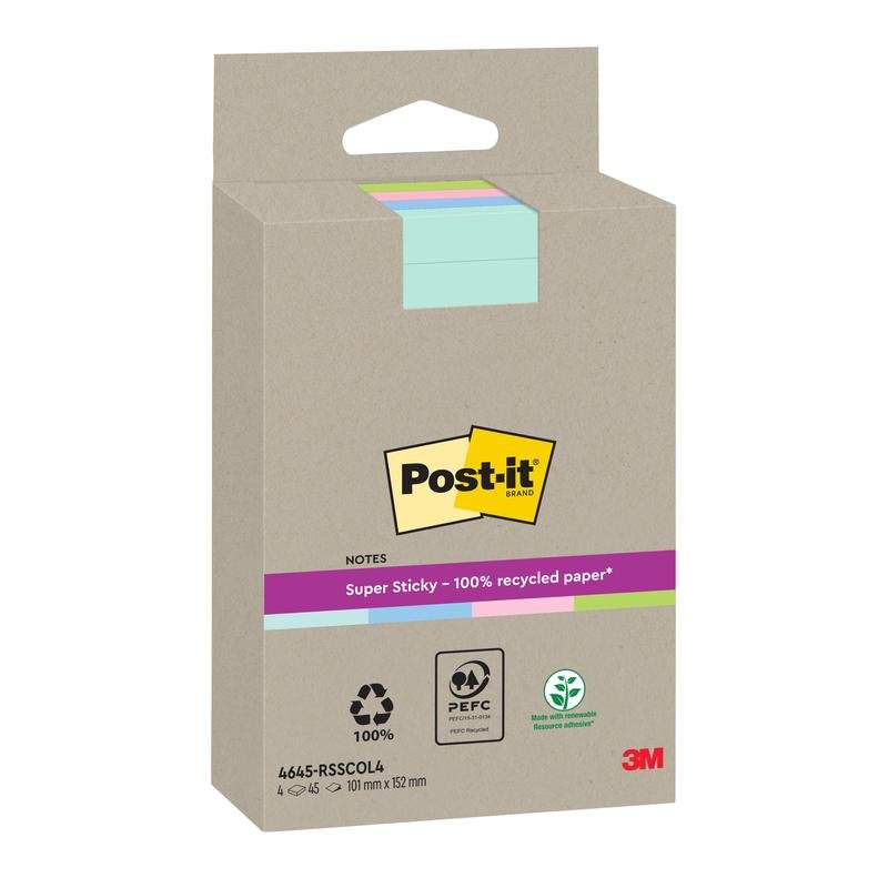 A pack of Post-it® Super Sticky 100% Recycled Notes, lined and in various colors (102x152mm, 45 sheets/pad, 4 pads/pack), made by 3M Deutschland GmbH from PEFC-certified paper (SGSCH-PEFC-COC-110078).