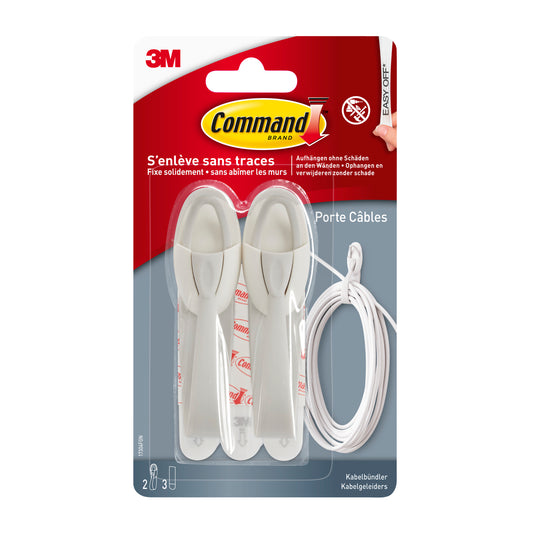 Die Abbildung zeigt eine Einzelhandelsverpackung von 3M Deutschland GmbH Command™ Kabelhalter, 17304-FR, mit einem weißen Kabelhalter mit Klebestreifen. Auf der Verpackung sind Produktinformationen in mehreren Sprachen abgebildet.