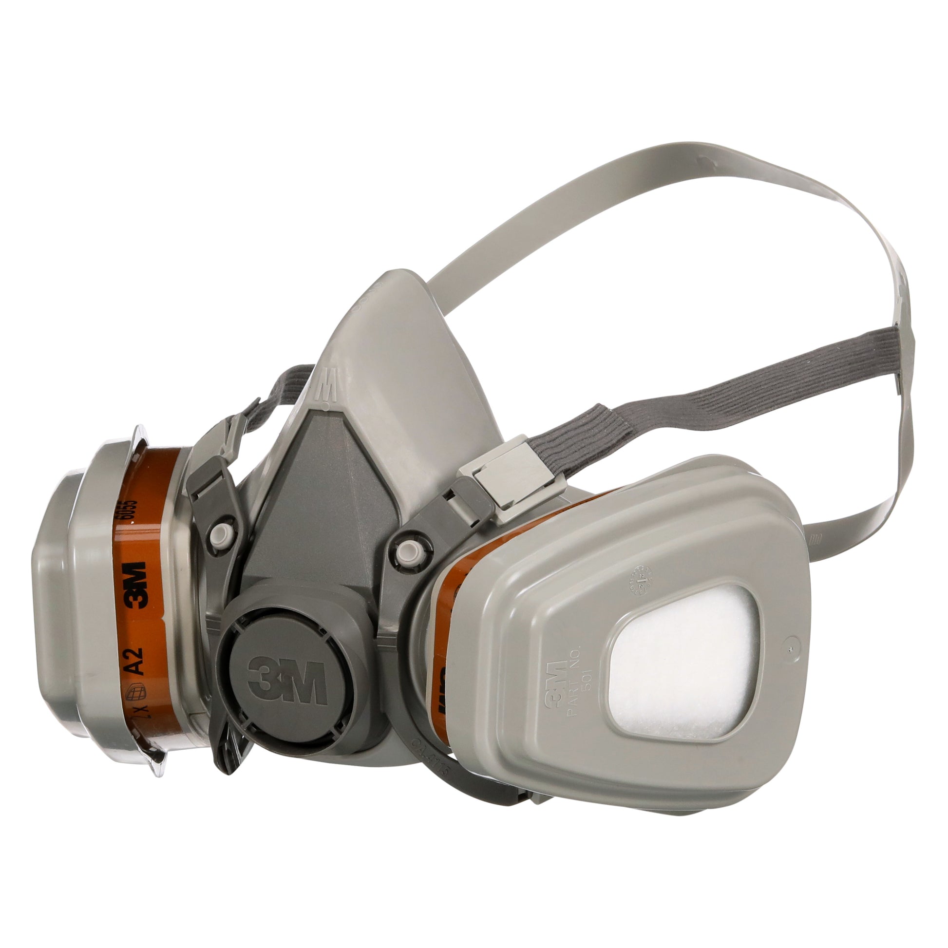 Die 3M™ Atemschutzmaske 6003KIT-1 von 3M Deutschland GmbH ist eine graue Halbmaske mit verstellbaren Bändern und zwei A2P3-Filtern (1x6200, 2x6055, 2x5935, 2x501), dargestellt auf weißem Hintergrund.
