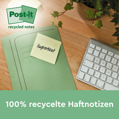 A green folder with a yellow Post-it® Super Sticky 100% Recycled Note (47.6 x 47.6 mm, 70 sheets/block, PEFC) from 3M Deutschland GmbH with the inscription "important" lies on a wooden table next to a keyboard and a plant. The text is in German.