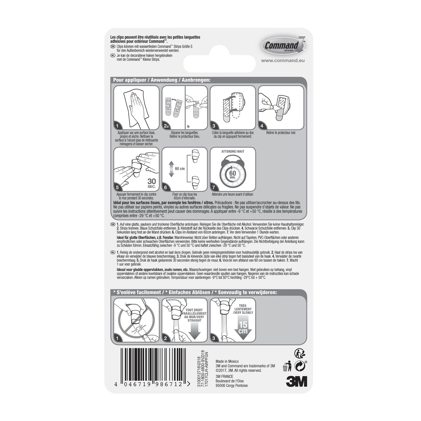Auf der Rückseite der Command™ Outdoor Lichter-Clips, 17017CLR-AWPU (8 Clips + 10 Streifen) von 3M Deutschland GmbH befinden sich französische Anweisungen und Diagramme zum sicheren Anbringen und Entfernen, ideal für die Außenbeleuchtung mit wetterbeständigen Clips.