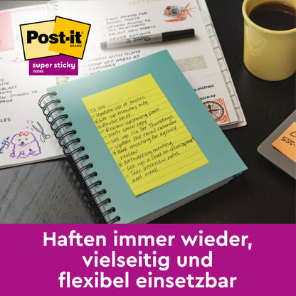 On a desk lies a spiral notebook with large-format Post-it® Notes, Yellow (101 x 152 mm, 100 sheets), from 3M Deutschland GmbH, next to a calendar, a coffee cup, and pens. Text: "Stick again and again, versatile and flexible to use."