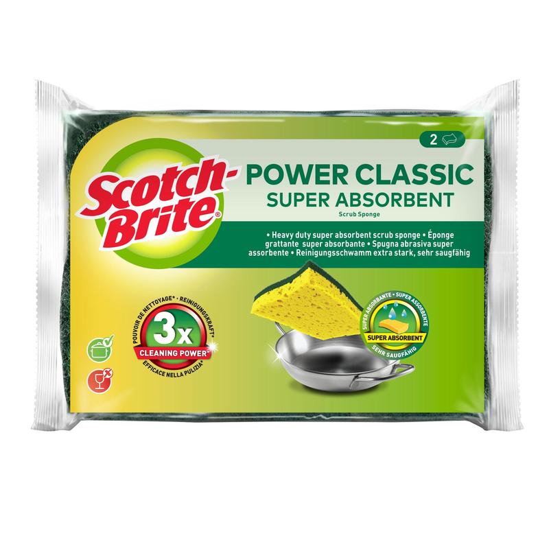 A pack of 3M Deutschland GmbH Scotch-Brite® Classic Cleaning Sponge in green and white, with two yellow-green sponges and a pot, highlights the "3x cleaning power" and contains 2 pieces.