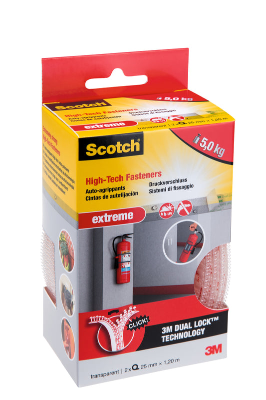 Eine Schachtel Scotch™ Extreme Verschlüsse (3M Deutschland GmbH), transparent, 25 mm x 1,2 m, 2 Rollen, hat eine Tragkraft von 5 kg und zeigt auf der Verpackung Befestigungsstreifen sowie einen an der Wand montierten Feuerlöscher.