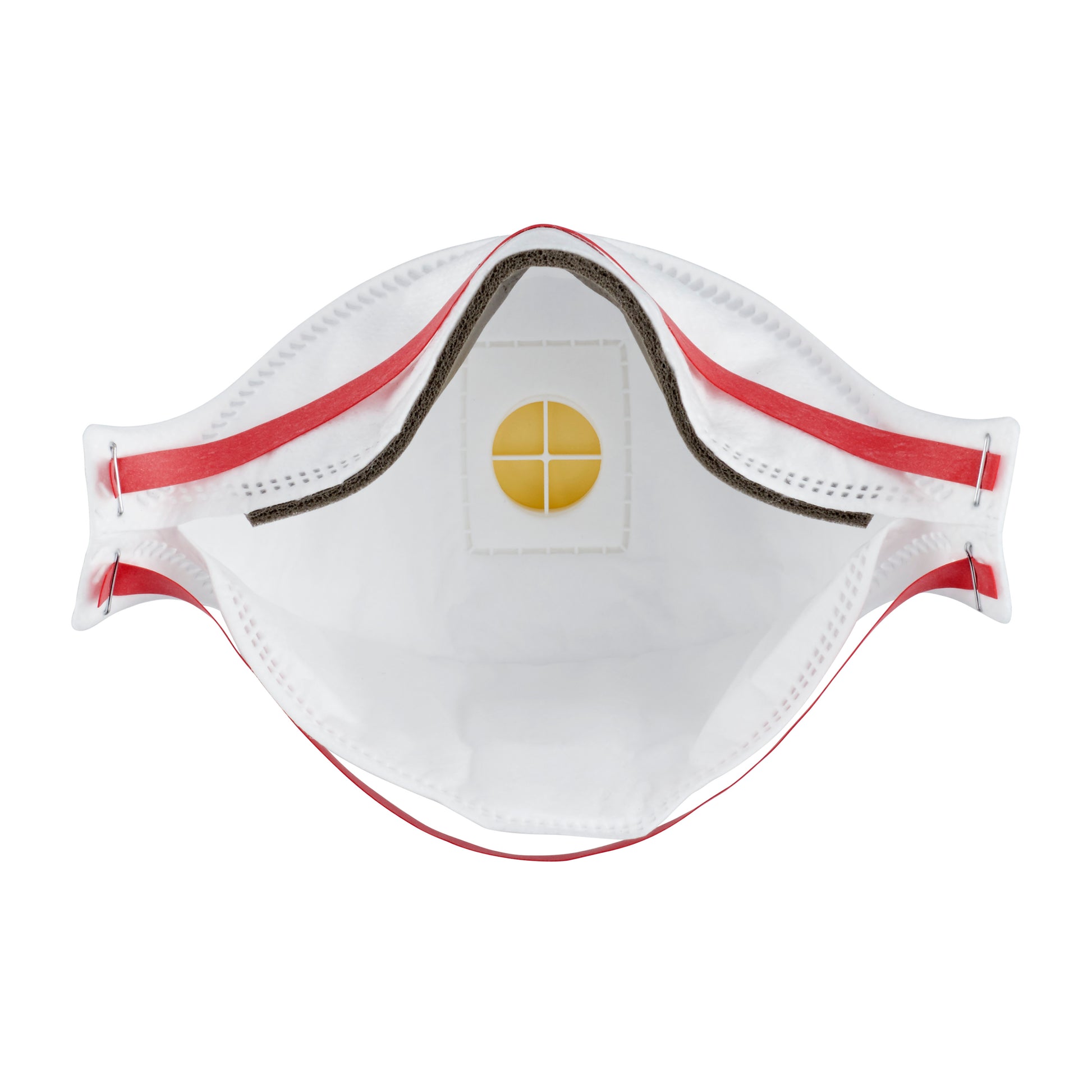 Eine Nahaufnahme der 3M™ Aura™ Comfort Cool Flow™ Partikelmaske 9332+ FFP3 von 3M Deutschland GmbH, die das weiße Design, das gelbe zentrale Ausatemventil und die roten elastischen Kopfbänder auf beiden Seiten zeigt.