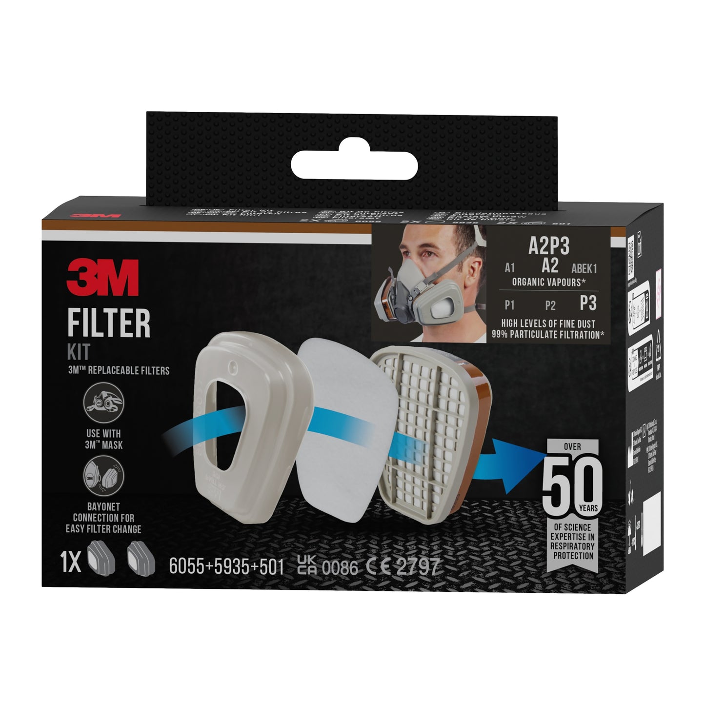 Der 3M™ Filtersatz 6003-1SP, A2P3 organische Dämpfe (2x6055, 2x5935, 2x501) von 3M Deutschland GmbH wird in einer Verpackung geliefert, auf der die Filterteile, der Produktname, die Verwendung der Atemschutzmaske und Merkmale wie Kompatibilität und einfacher Filterwechsel angegeben sind.