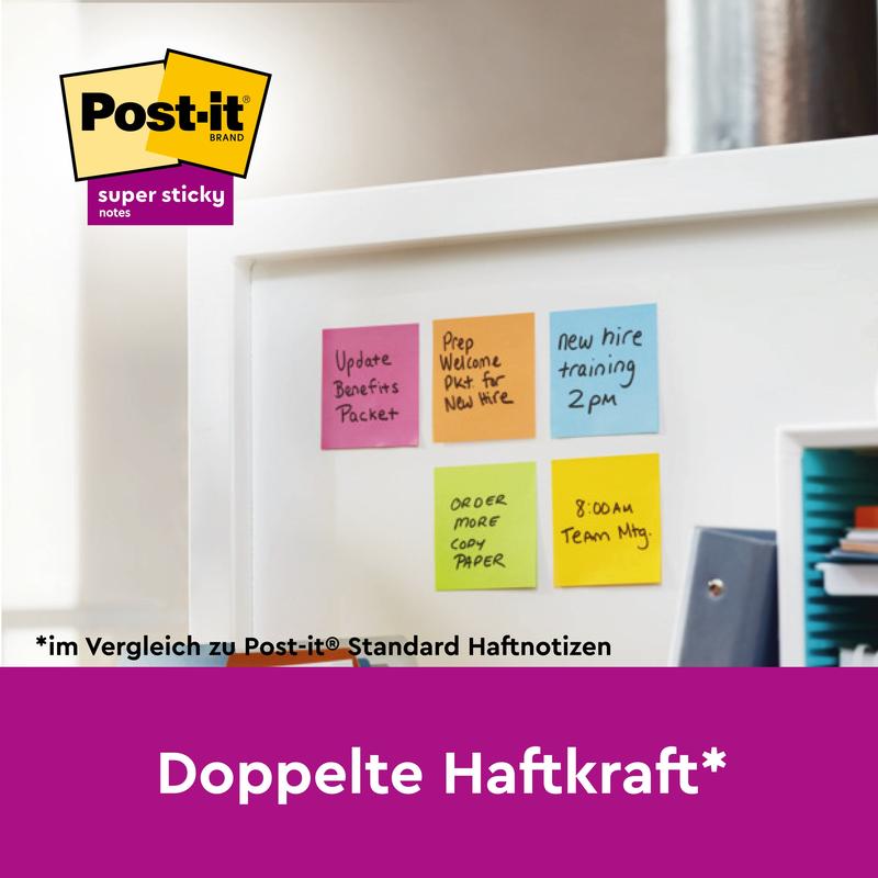 On a whiteboard are six colorful Post-it® Super Sticky Notes in large format (101 mm x 101 mm, 90 sheets/block, 100% PEFC) from 3M Deutschland GmbH with handwritten reminders, "Double adhesive power*" and product comparison in German.