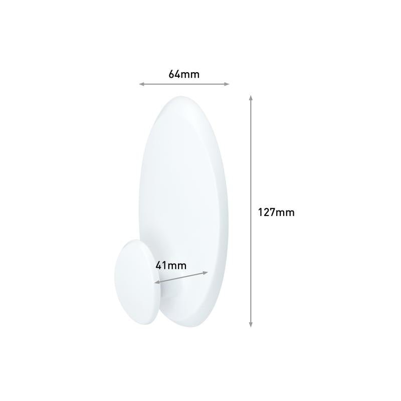 The Command™ Clothes Hook, 17019-FGN from 3M Deutschland GmbH, has a white, oval back plate (127x64mm) and a round hook (Ø41mm). The arrows indicate these dimensions. Ideal for wall mounting without drilling.