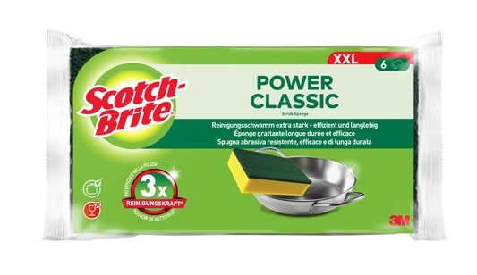Eine 6er-Packung Scotch-Brite® Classic Reinigungsschwamm XXL der 3M Deutschland GmbH zeichnet sich durch besondere Stärke und Effizienz aus, auf der Verpackung mit grün-gelbem Schwamm und Metallschale.