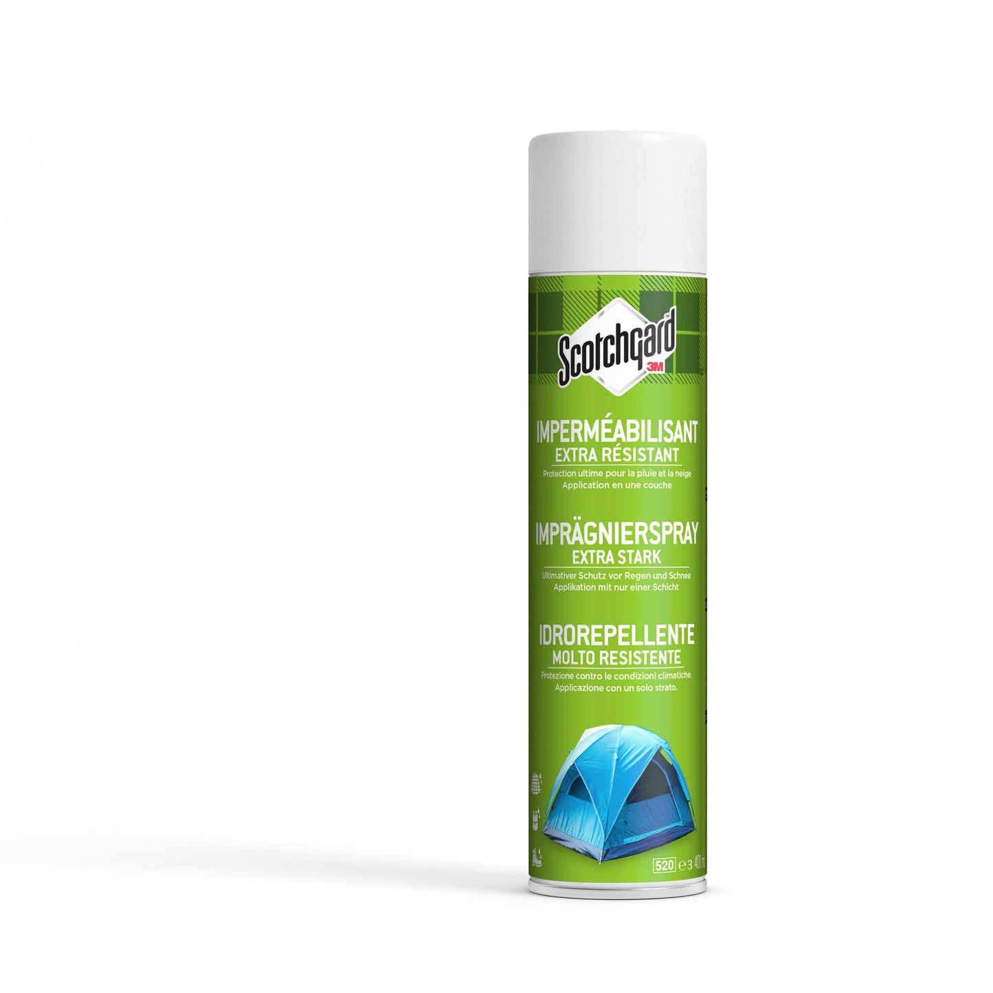 A large, green 400ml can of Scotchgard™ Heavy Duty Water Shield from 3M Deutschland GmbH stands upright. The label shows text in multiple languages and a blue tent image, ideal for extra strong protection of textiles.