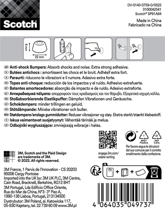 Produktetikett für Scotch® Stoßabsorbierende Elastikpuffer für Wände SP91A64 (Ø 22 mm, selbsthaftend, transparent, 4/Packung) von 3M Deutschland GmbH; mehrsprachiger Text, Icons, Anleitung, Barcode, Recycling- und Sicherheitssymbole in schwarz auf weiß.