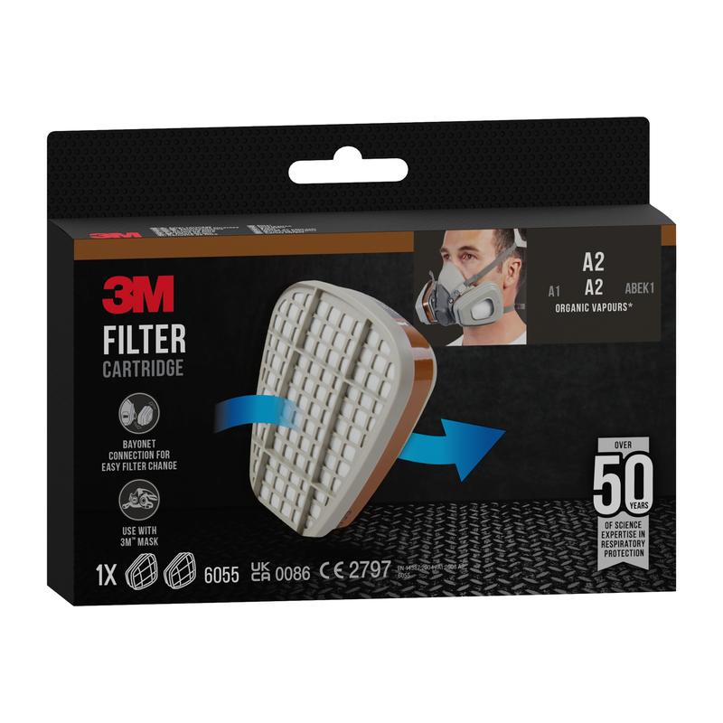 3M™ Filter Cartridge 6055, A2 Organic Vapors from 3M Deutschland GmbH is depicted in packaging with a single cartridge, a user with a respirator mask, product specifications, and compatibility information for organic vapors; labeled A2 for use with 3M masks.