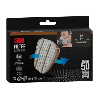 3M™ Filter Cartridge 6055, A2 Organic Vapors from 3M Deutschland GmbH is depicted in packaging with a single cartridge, a user with a respirator mask, product specifications, and compatibility information for organic vapors; labeled A2 for use with 3M masks.