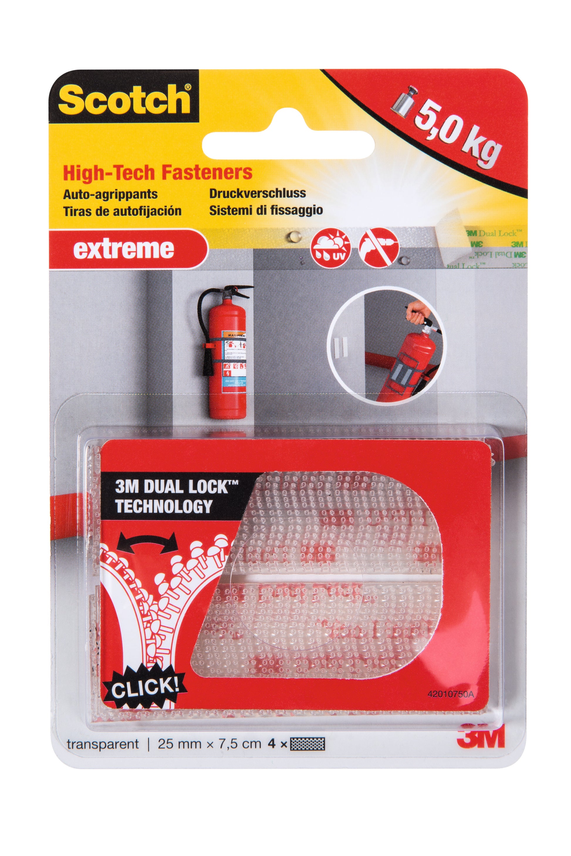 Eine Packung Scotch™ Extreme Verschlüsse von 3M Deutschland GmbH (2 Sets mit 2 transparenten Streifen, 25 mm x 75 mm) enthält Produktinfos und Bilder für eine starke Befestigung, z. B. zur Sicherung von Gegenständen wie einem Feuerlöscher.