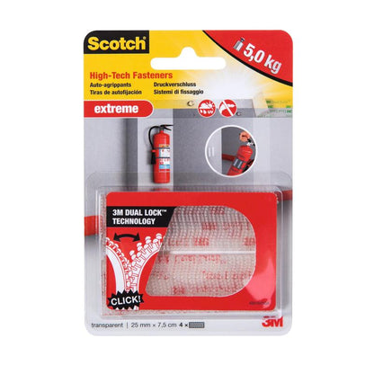 The Scotch™ Extreme Fasteners from 3M Deutschland GmbH (2 sets of 2 strips, transparent, 25 mm x 75 mm) offer strong attachment up to 5 kg thanks to Dual Lock Technology - ideal for items like fire extinguishers on walls.