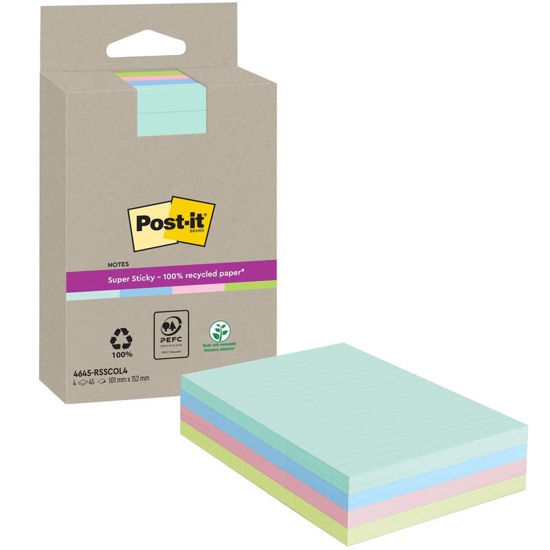 Pictured is a pack of 3M Post-it® Super Sticky 100% Recycled Notes from 3M Deutschland GmbH with four lined pads (102 x 152 mm, 45 sheets each) in various colors, all made from PEFC-certified recycled paper.