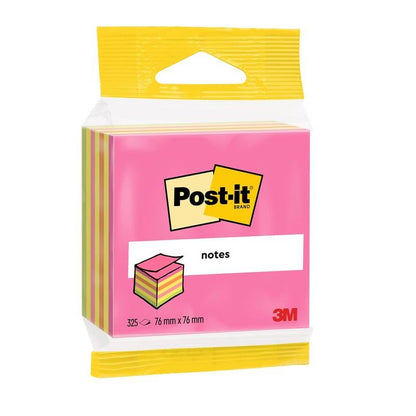 A pack of Post-it® Notes Cube from 3M Germany in pink and yellow, 76 x 76 mm, 325 sheets - 100% PEFC-certified, ideal for the office.