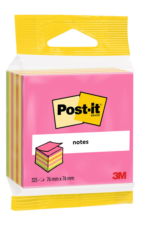 Eine Packung Post-it® Notes Würfel von 3M Deutschland GmbH enthält 325 pinkfarbene und gelbe Notizzettel (76 x 76 mm), eingewickelt in Pink, mit dem 3M-Logo und einer PEFC-Zertifizierung (SGSCH-PEFC-COC-110078). Ein Block pro Packung.