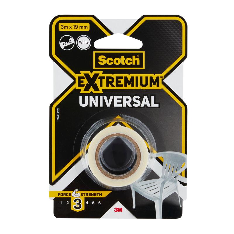 A 3 m x 19 mm roll of Scotch® Extremium™ Universal Tape from 3M Deutschland GmbH, white tape on a plastic spool, packaged in black and yellow colors with a plastic chair depicted at the bottom right.