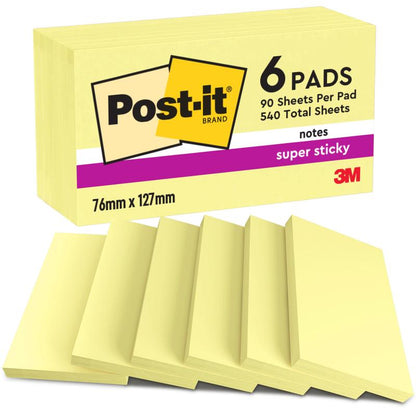 A pack of Post-it® Super Sticky Notes from 3M Deutschland GmbH with 6 blocks of 90 sheets each (76 mm x 127 mm) made from 100% PEFC certified paper, with Post-it and 3M logo and product information on the packaging.