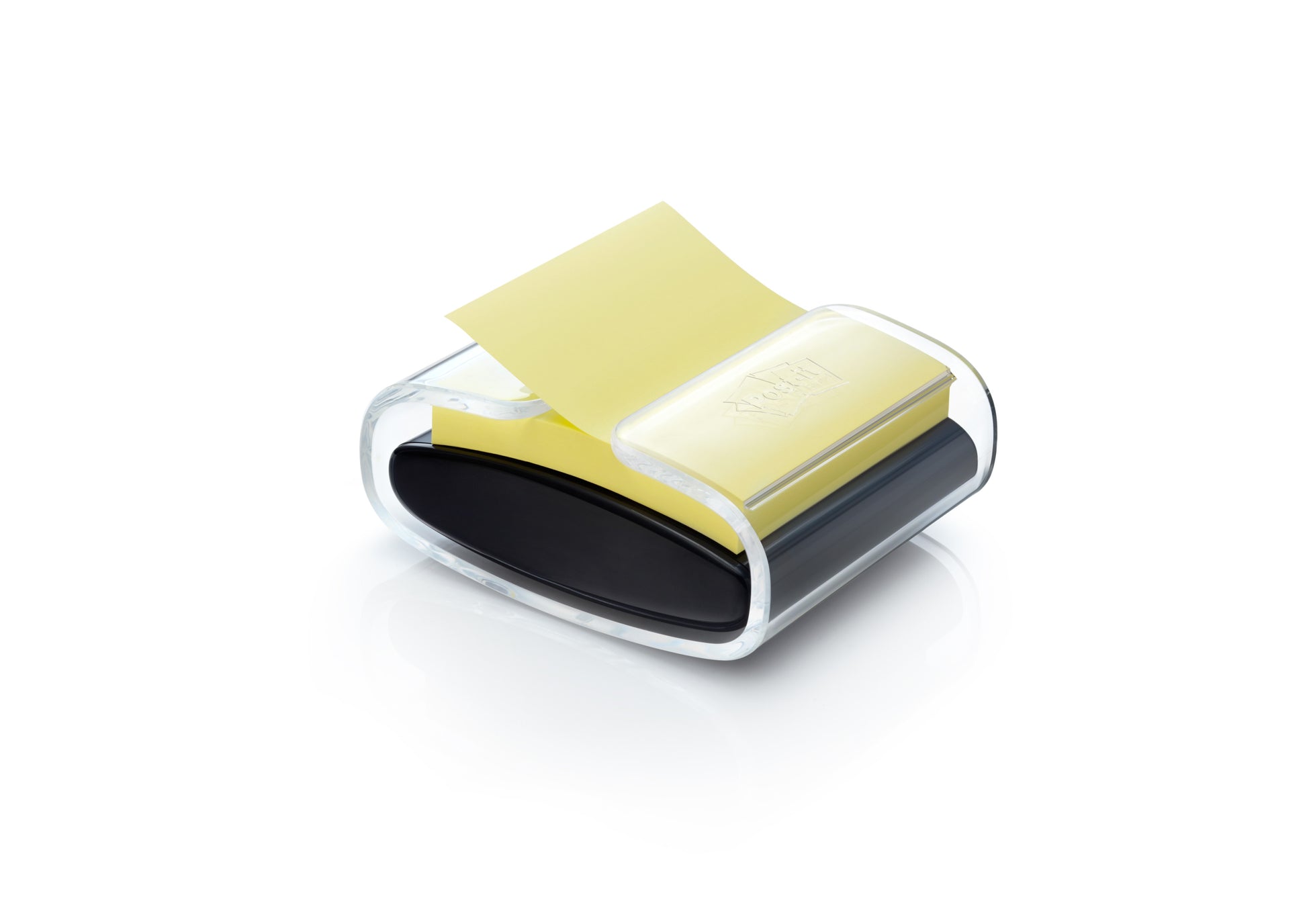 Der 3M Post-it® Z-Notes Dispenser PRO in Schwarz fasst einen Stapel gelber, superklebriger Zettel im Format 76 x 76 mm (90 Blatt/Block) und spendet einen Zettel vor einem weißen Hintergrund.