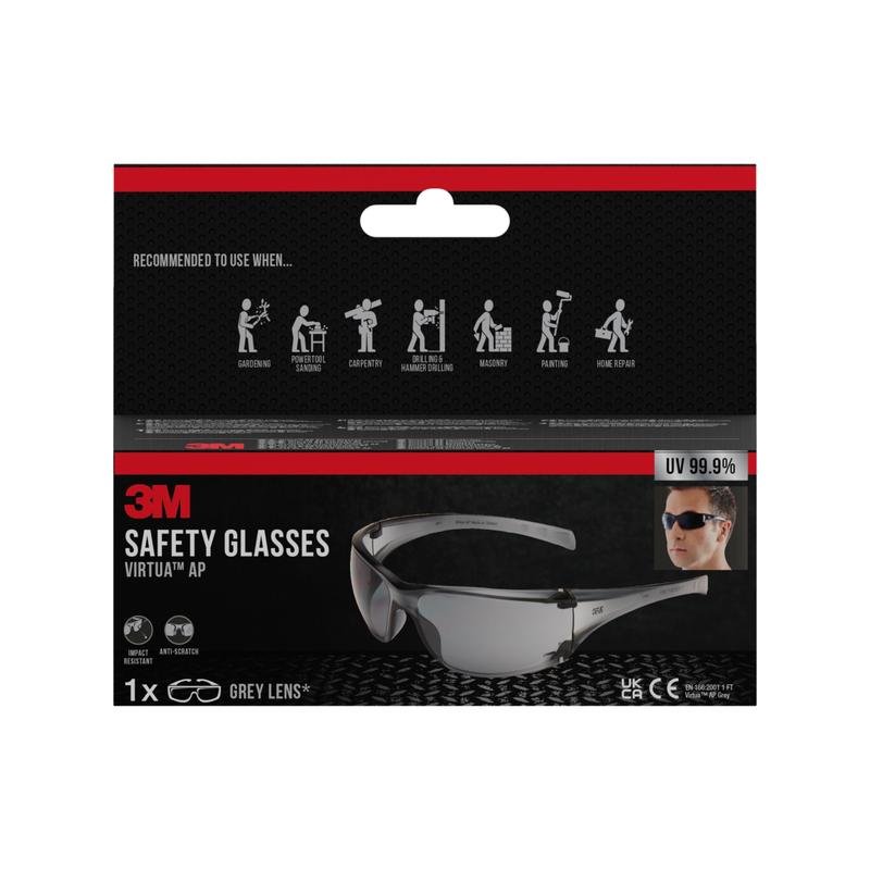 A retail package of 3M™ Virtua™ AP safety glasses, gray lens from 3M Deutschland GmbH. The box highlights eye protection, 99.9% UV protection, product images, and symbols for applications like gardening and carpentry.