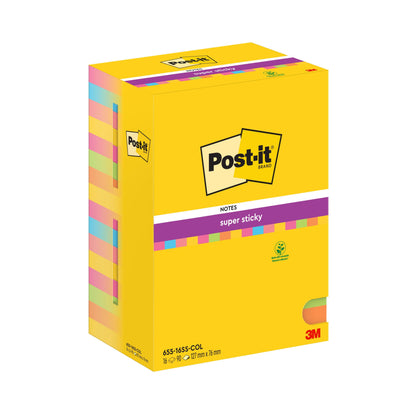 A pack of 16 Post-it® Super Sticky Notes from 3M Deutschland GmbH, each in different colors, size 76 mm x 127 mm, with 90 sheets per block. Made from 100% PEFC-certified paper (SGSCH-PEFC-COC-110078).