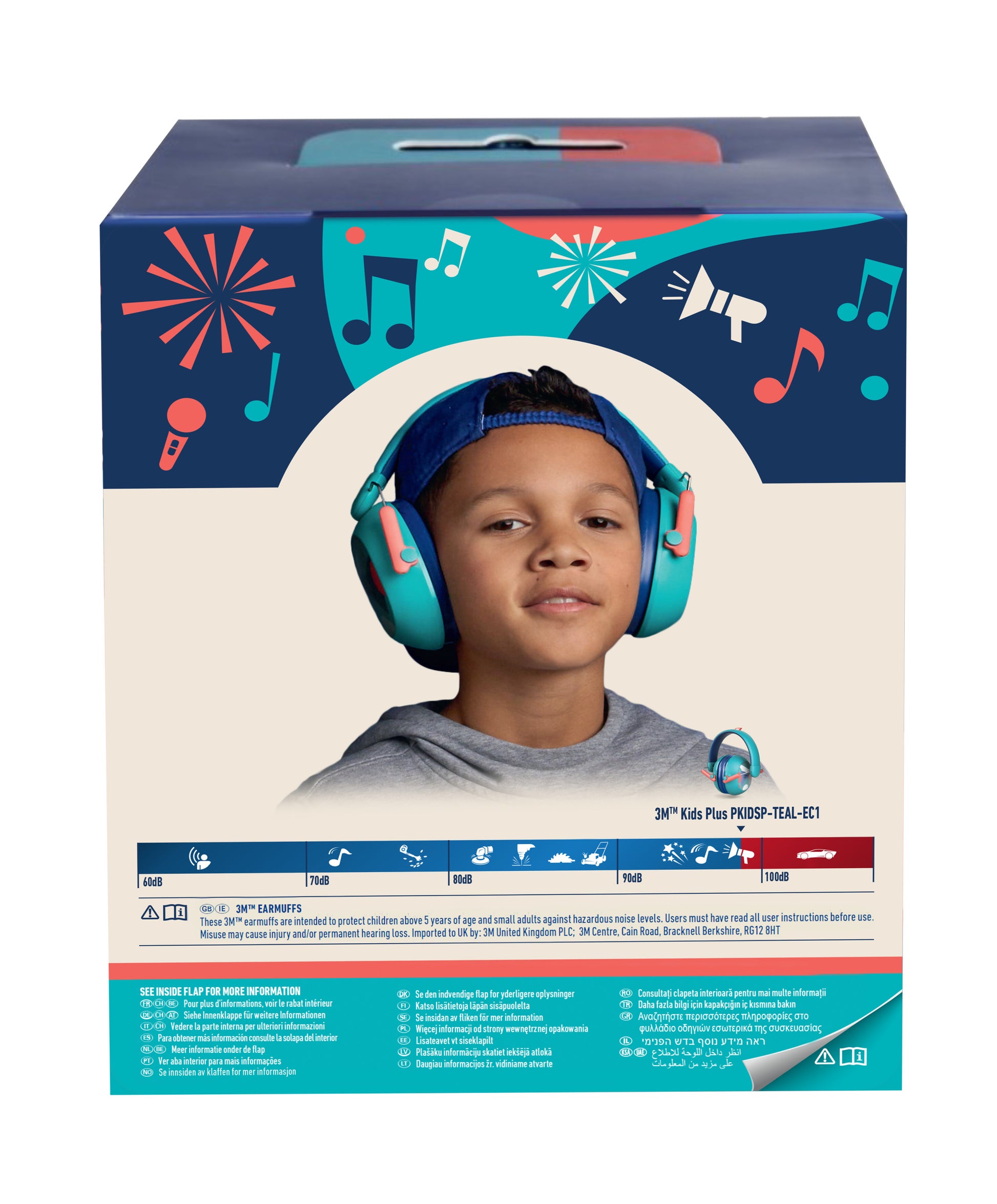 Ein kleines Kind trägt blaugrüne Ohrenschützer auf einer Schachtel mit Musiknoten, Feuerwerk und Angaben zum 3M™ Gehörschutz für Kinder PKIDSP-TEAL-E (87-98 dB), von 3M Deutschland GmbH. Die Packung enthält 1 Stück.