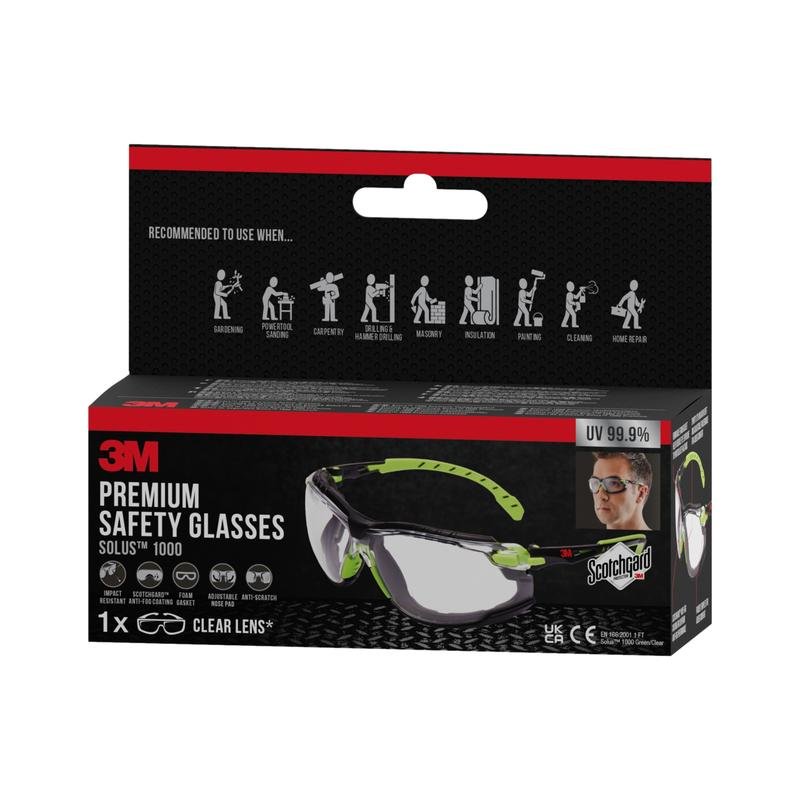 A box of 3M™ Solus™ Safety Glasses 1000 with clear lenses, with Scotchgard™ Anti-Fog Coating and attachable foam gasket, from 3M Deutschland GmbH. The packaging shows product information on a black and red background.