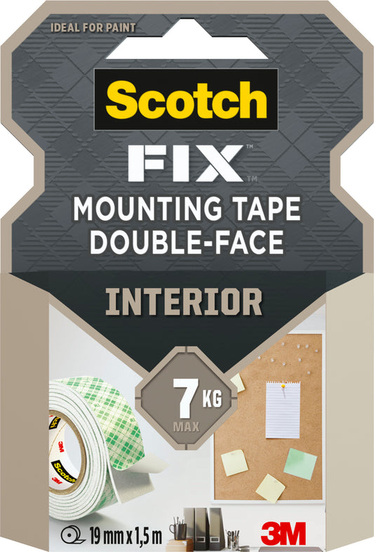 Eine Packung Scotch-FIX™ Doppelseitiges Innenmontageband von 3M Deutschland GmbH, trägt bis zu 7 kg, Rollengröße 19 mm x 1,5 m. Die Vorderseite zeigt Klebeband, Schreibtischartikel, eine Pinnwand und das 3M-Logo.