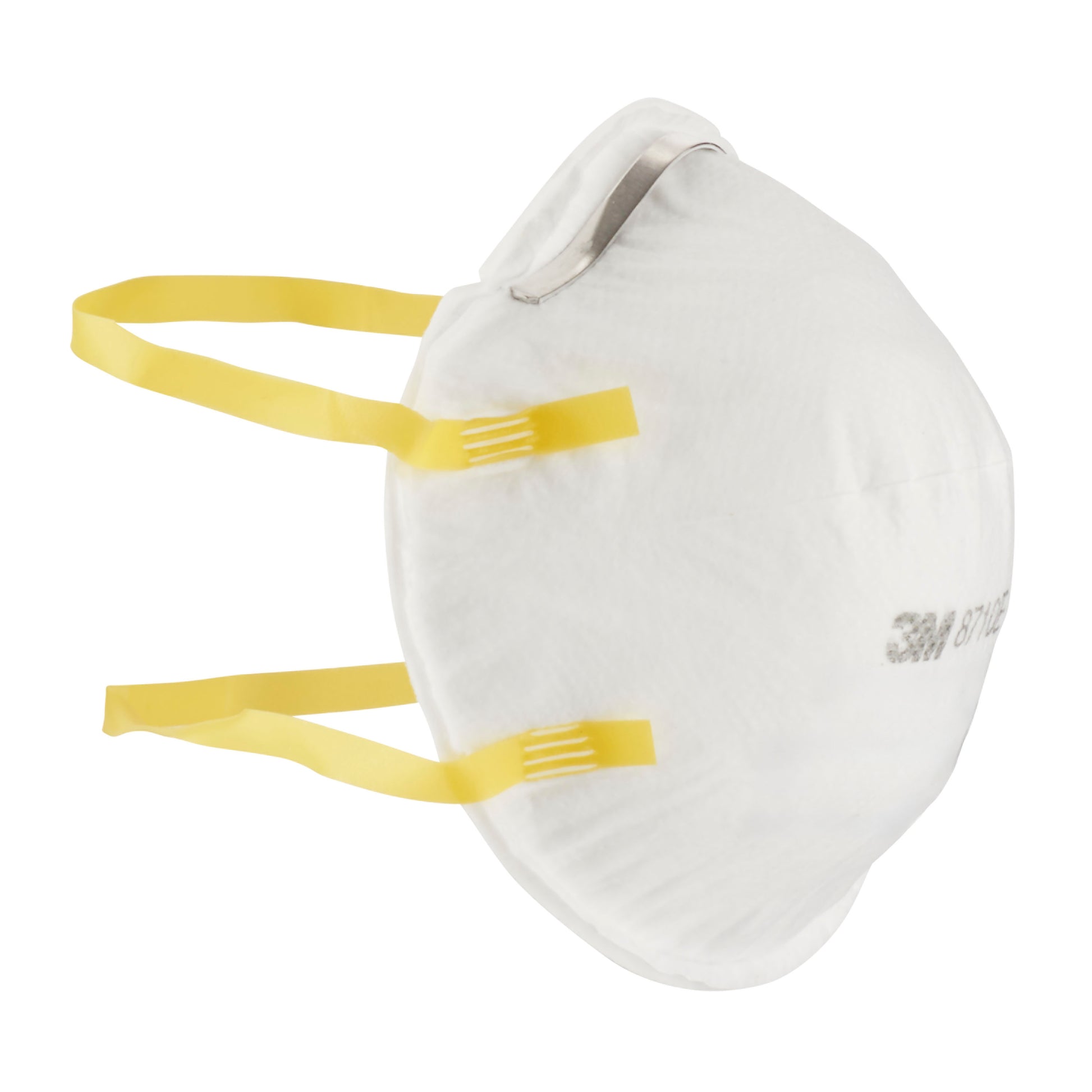 Die 3M™ Partikelmaske 8710E, FFP1, ohne Ventil von 3M Deutschland GmbH ist eine weiße N95-Atemschutzmaske mit zwei gelben elastischen Bändern und einer Metallnasenklammer, die von der Seite vor einem einfarbigen Hintergrund dargestellt ist.